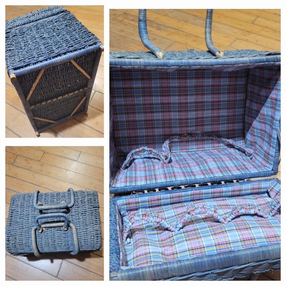 Large Vintage Fabric Lined Sun Bleached Teal Color Picnic Basket